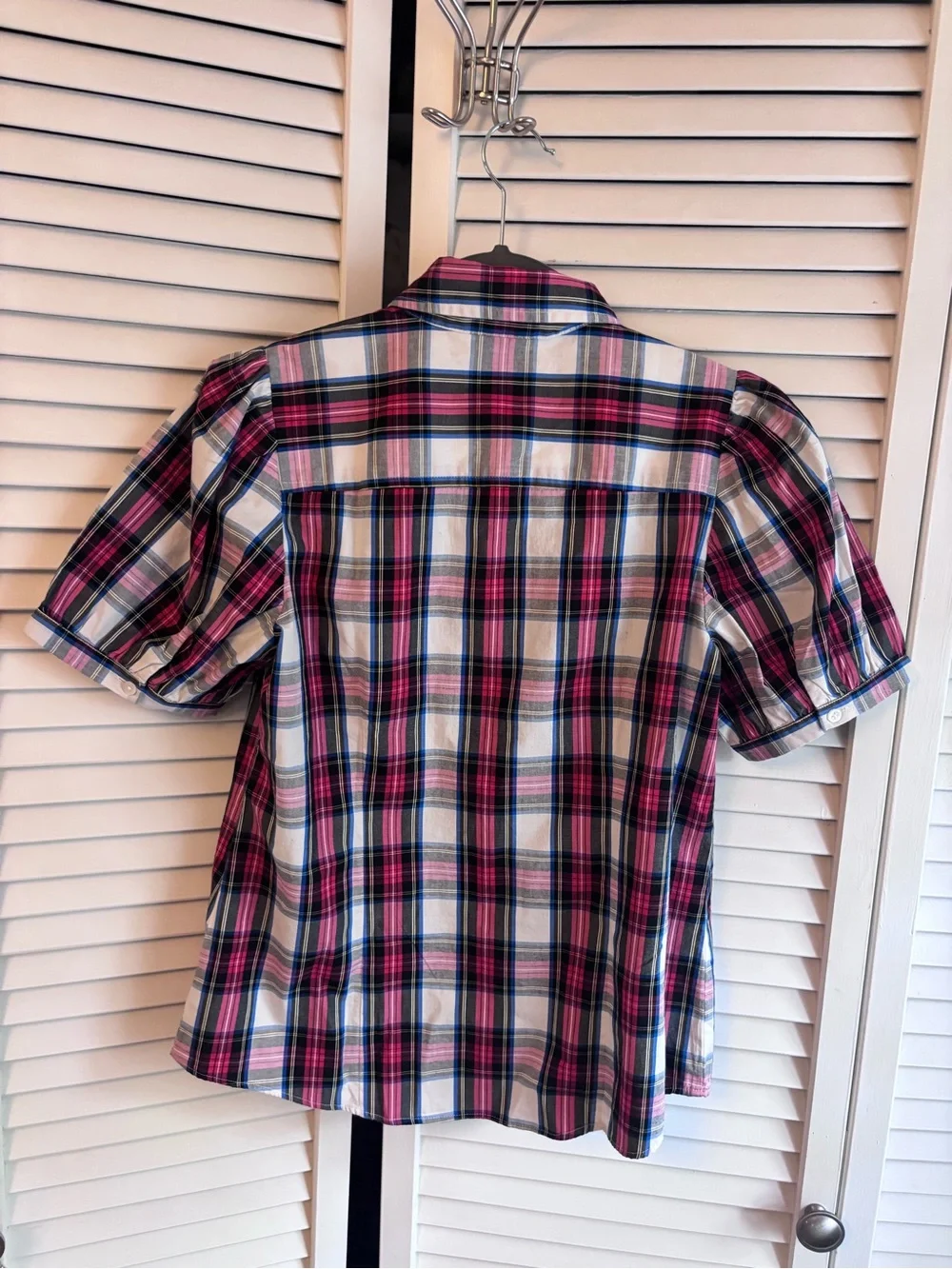 J. Crew Red and Blue Plaid Short-Sleeve, ruffled Button-Down Shirt